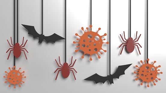 Hanged Halloween bats and spiders and Coronavirus symbol as a warning for Covid-19 pandemic. Easy to crop for all your social media and design need.