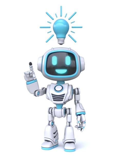 istock Cute blue robot with blue light bulb have an idea 3D 1346150066