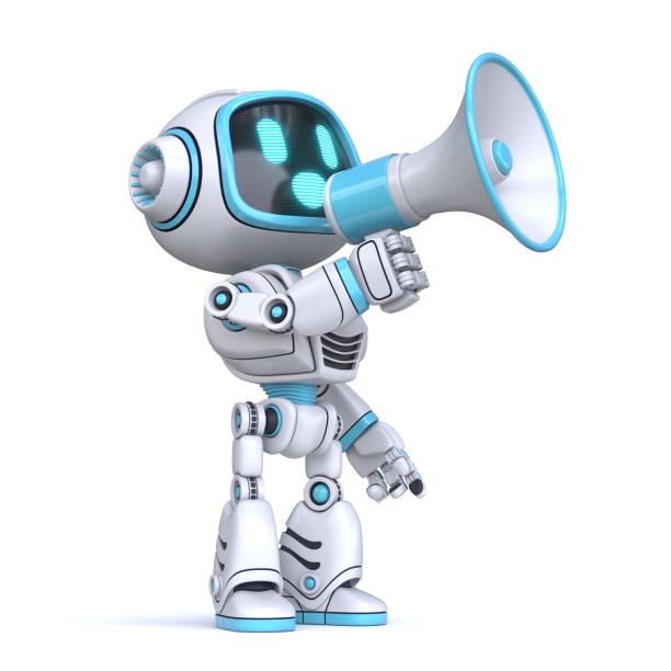 cute blue robot with megaphone 3d - announcement message robot public speaker message imagens e fotografias de stock