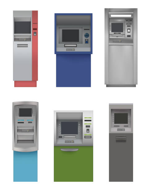 istock Cash machines. Atm payments automated bank services screen display of atm decent vector realistic pictures set isolated 1346150141