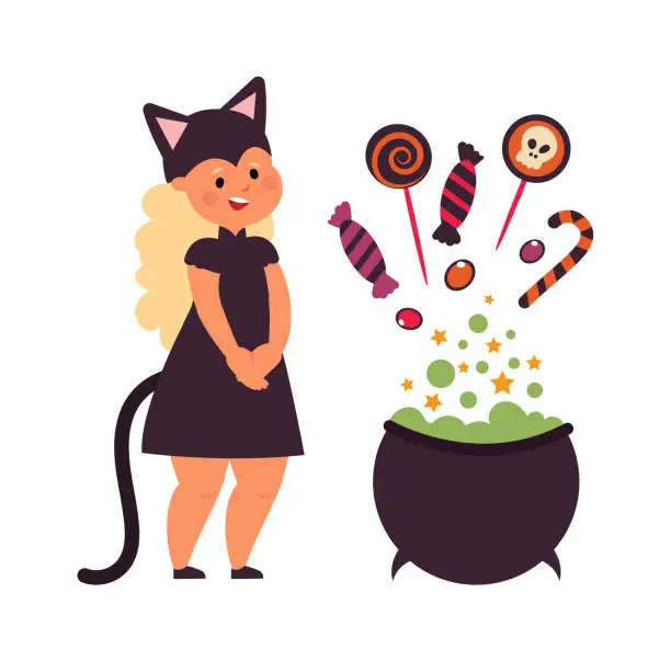 Vector illustration of Halloween magic witch cauldron make sweets. Cute little girl wear black cat costume vector concept