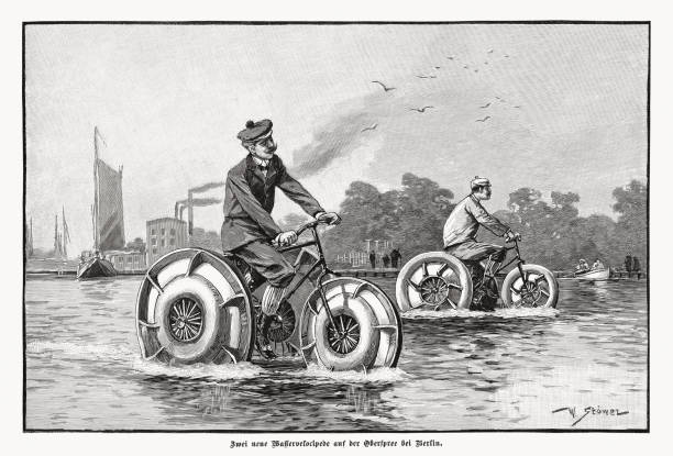 zwei wasser-velociped-reiter, holzstich, veröffentlicht 1897 - spree stock-grafiken, -clipart, -cartoons und -symbole