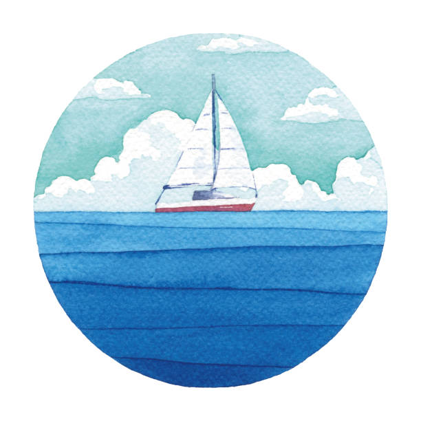 ilustrações, clipart, desenhos animados e ícones de iate aquarela no mar azul - veleiro luxo