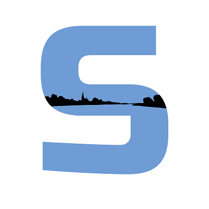 letter S of the alphabet made with a blue background and a silhouette of a village, isolated on a white background
