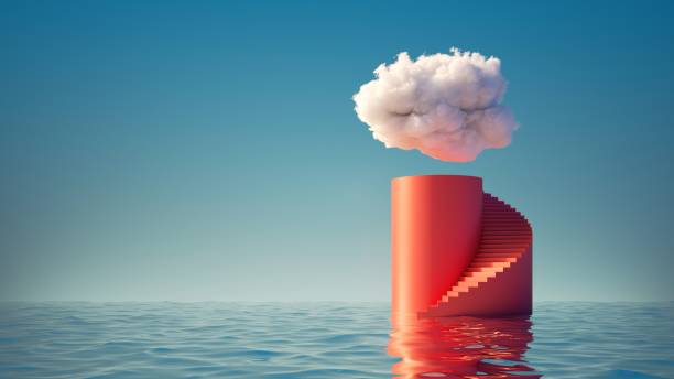 istock 3d render, abstract minimal background. White cloud in the blue sky above the red cylinder podium with steps, empty pedestal and water. Simple scene for product presentation 1346152712