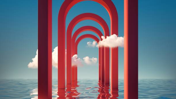 istock 3d render, abstract modern background with white clouds, round red arches and water. Simple panoramic wallpaper 1346152724