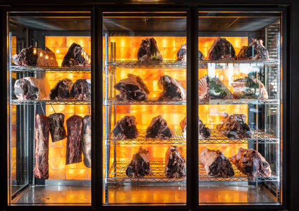 beef hung and lined up in a dry aged beef cabinet - dry aged imagens e fotografias de stock