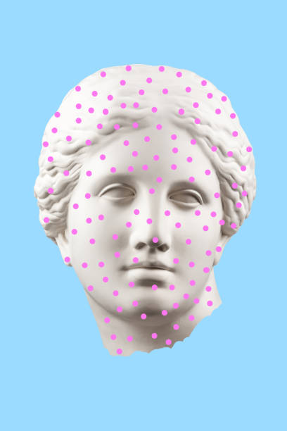 istock Collage with sculpture of human face in a pop art style. Modern creative concept image with ancient statue head. Zine culture. Contemporary art poster. Funky punk minimalism. Retro surreal design. 1346153913