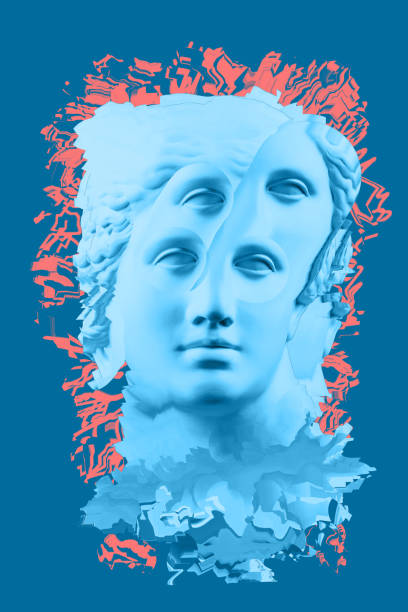 istock Collage with sculpture of human face in a pop art style. Modern creative concept image with ancient statue head. Zine culture. Contemporary art poster. Funky punk minimalism. Retro surreal design. 1346153919
