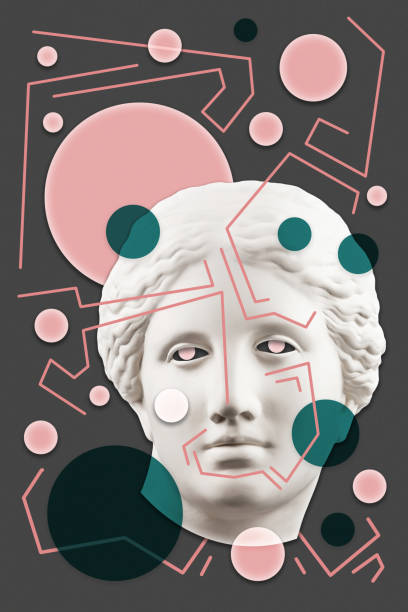 istock Collage with sculpture of human face in a pop art style. Modern creative concept image with ancient statue head. Zine culture. Contemporary art poster. Funky punk minimalism. Retro surreal design. 1346153927