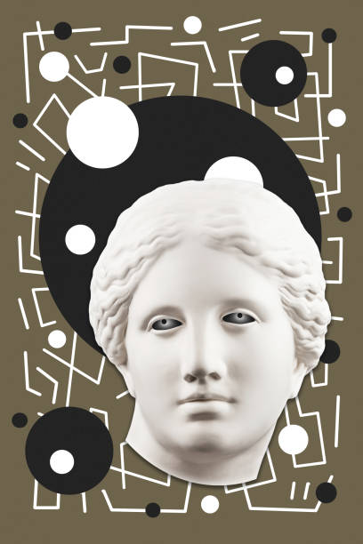 istock Collage with sculpture of human face in a pop art style. Modern creative concept image with ancient statue head. Zine culture. Contemporary art poster. Funky punk minimalism. Retro surreal design. 1346153936