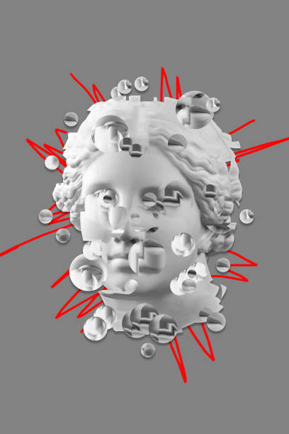 istock Collage with sculpture of human face in a pop art style. Modern creative concept image with ancient statue head. Zine culture. Contemporary art poster. Funky punk minimalism. Retro surreal design. 1346153947