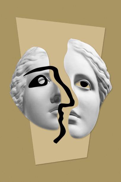 istock Collage with sculpture of human face in a pop art style. Modern creative concept image with ancient statue head. Zine culture. Contemporary art poster. Funky punk minimalism. Retro surreal design. 1346153972