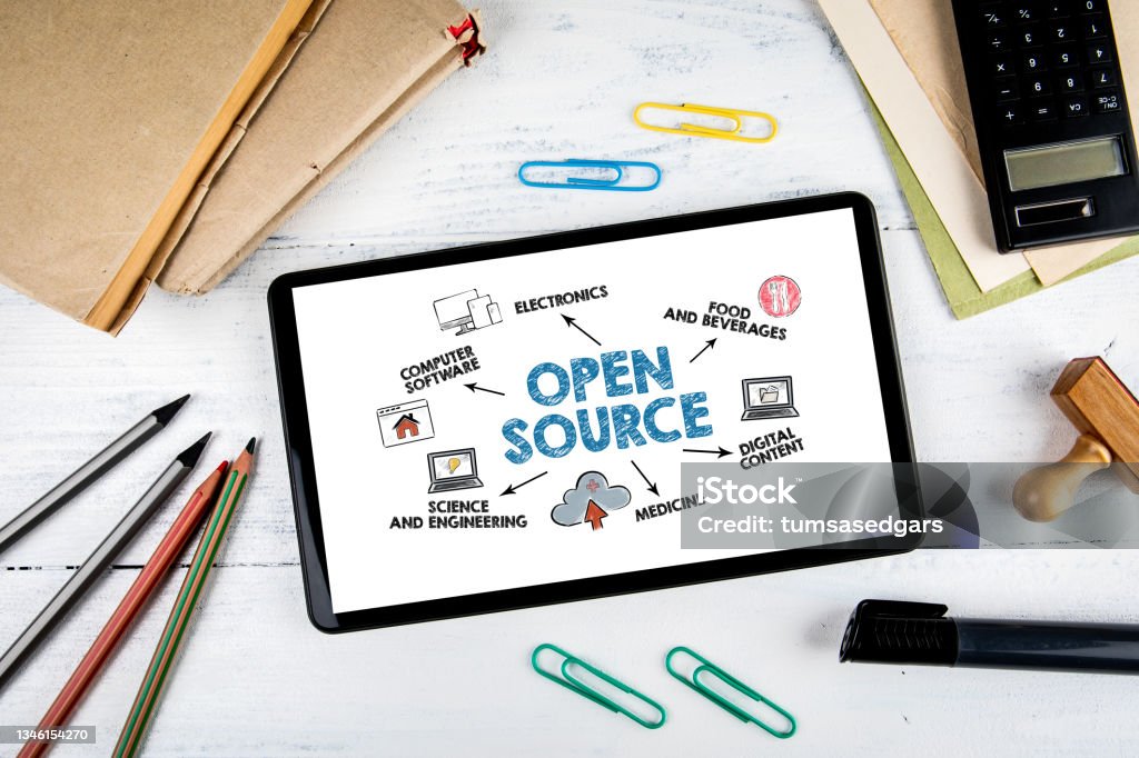 Open Source concept. Tablet computer on office desk Open Source concept. Tablet computer on office desk. Receiving Stock Photo