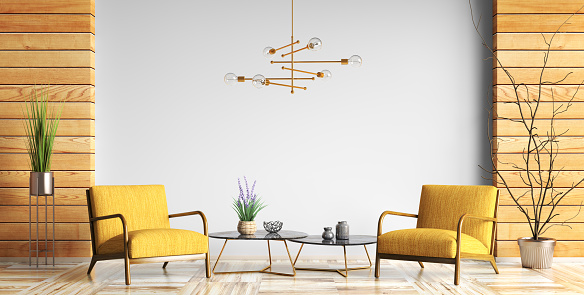 Interior design of living room with coffee tables, chandelier and two yellow armchairs over the gray wall with wooden panelling, home design 3d rendering