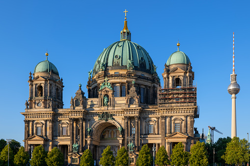The Berlin Cathedral (Berliner Dom), Evangelical Supreme Parish and Collegiate Church and Television Tower, iconic landmarks in city of Berlin, Germany.
