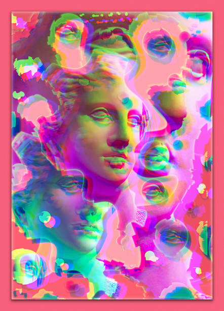 istock Collage with plaster antique sculpture of human face in a pop art style. Modern creative concept image with ancient statue head. Zine culture. Contemporary art poster. Funky minimalism. Retro design. 1346155255