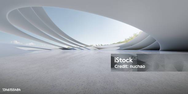 3d Render Of Futuristic Concrete Architecture With Car Park Empty Cement Floor Stock Photo - Download Image Now