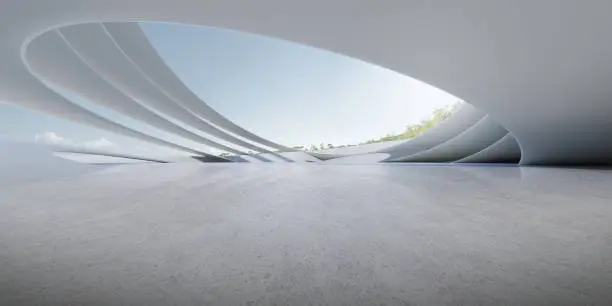 Photo of 3d render of futuristic concrete architecture with car park, empty cement floor.