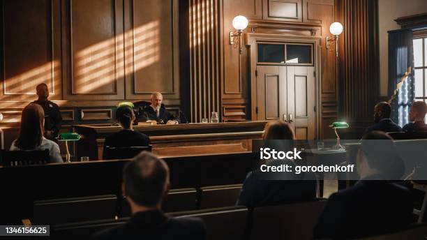 Court Of Justice Trial Impartial Judge Is Sitting Public Stands Supreme Federal Court Judge Starts Civil Case Hearing Sentencing Law Offender Stock Photo - Download Image Now