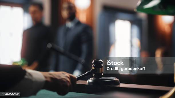Cinematic Court Of Law And Justice Trial Judge Ruling Out A Positive Decision In A Civil Family Case Close Up Of A Striking Gavel To End Hearing Stock Photo - Download Image Now