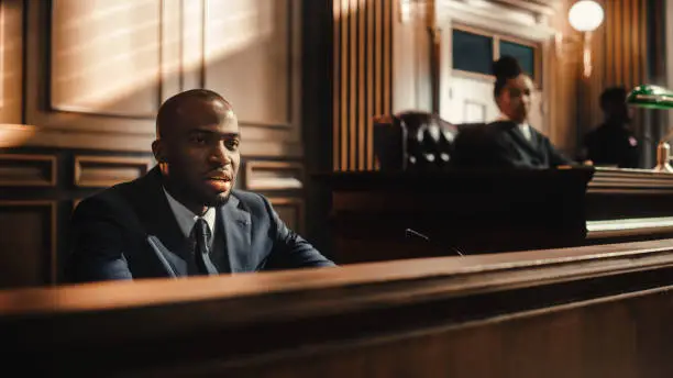 Court of Law and Justice Trial Stand: Portrait of Handsome Male Witness Giving Testimony to Judge, Jury. Speech of Hardened Criminal Denying Charges, Lying, Accusing Victims, Committing Perjury.