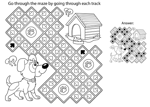 Maze or Labyrinth Game. Puzzle. Coloring Page Outline Of cartoon little dog with doghouse or kennel. Coloring book for kids.