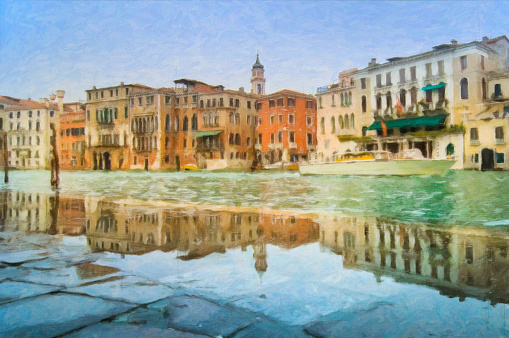 This is Aqua Alta on the embankment of the Grand Canal, high water, flooding in Venice, Italy. Artwork, digital graphics, painting. Can be used for websites, brochures, posters, printing and design.