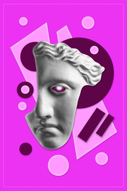 istock Collage with sculpture of human face in a pop art style. Modern creative concept image with ancient statue head. Zine culture. Contemporary art poster. Funky punk minimalism. Retro surreal design. 1346159273
