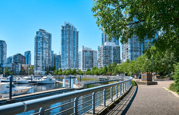 Summer view Vancouver waterfront skyline Vancouver, British Columbia, Canada - June 11, 2018. False Creek Embankment false creek stock pictures, royalty-free photos & images