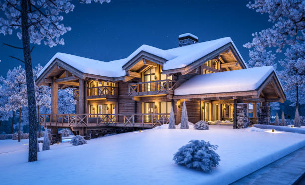 istock 3d rendering of modern cozy chalet in winter night 1346160444