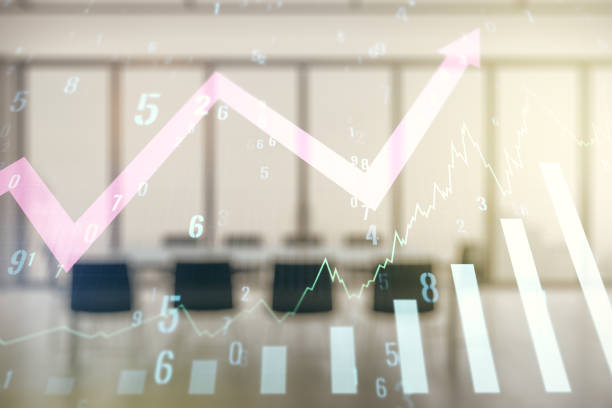 istock Multi exposure of virtual abstract financial graph and upward arrow on a modern conference room background, forex and investment concept 1346161799
