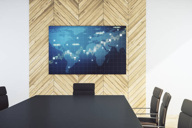 istock Abstract creative financial graph and world map on tv display in a modern presentation room, financial and trading concept. 3D Rendering 1346161815