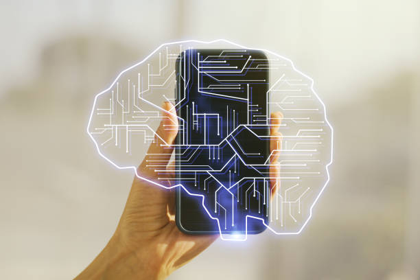 double exposure of creative human brain microcircuit and hand with cellphone on background. future technology and ai concept - nerve cell brain engineering cell imagens e fotografias de stock