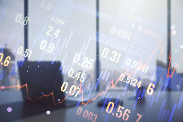 istock Abstract creative financial graph and modern desktop with pc on background, financial and trading concept. Multiexposure 1346161920