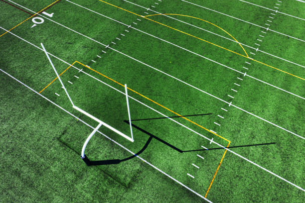 Football Field Aerial view of a dual purpose American/European football field. goal post stock pictures, royalty-free photos & images