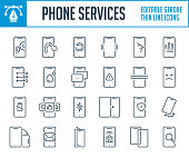 Mobile phone service and Application settings thin line icons.