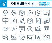 SEO and Marketing thin line icons.