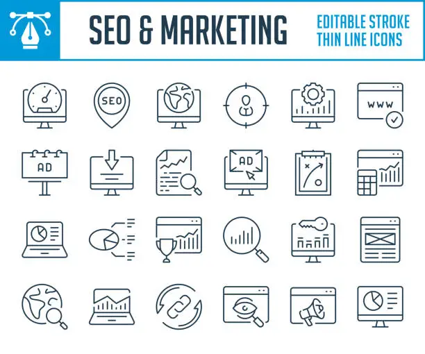Vector illustration of SEO and Marketing thin line icons.
