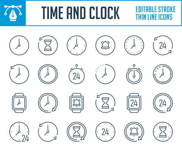 ilustraciones, imágenes clip art, dibujos animados e iconos de stock de iconos de línea delgada de tiempo y reloj. - stopwatch symbol computer icon watch