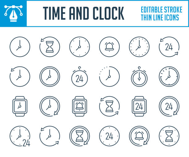 Time and Clock thin line icons. Time and Clock thin line icons. Countdown, Time management and Stopwatch outline icon set. Editable stroke icons. clock-hands stock illustrations