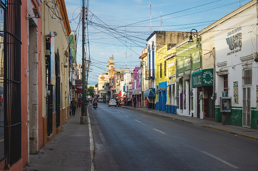Merida, Mexico: 28 October 2018 - Local street life with shops in Mexican colorful colonial city