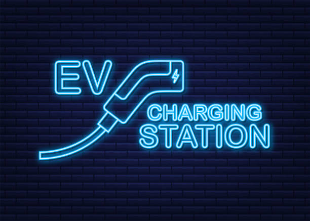 Electric cars charging on empty parking, fast supercharger station and many free charger stalls. Vehicle on electricity network grid. Electric cars charging on empty parking, fast supercharger station and many free charger stalls. Vehicle on electricity network grid ev charging stock illustrations