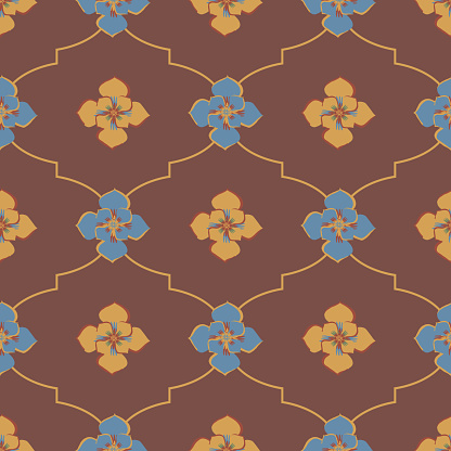 Medieval rose ogee vector pattern background. Azulejo tile style backdrop of hand drawn flowers with geometric gridlines in ochre orange red blue. Deocrative moorish design. Arabesque repeat