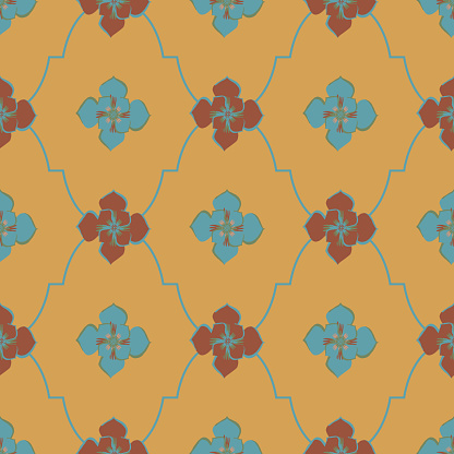 Medieval rose roman ogee vector pattern background. Azulejo tile style backdrop of hand drawn flowers with geometric gridlines in ochre orange red blue. Deocrative moorish design. Arabesque repeat