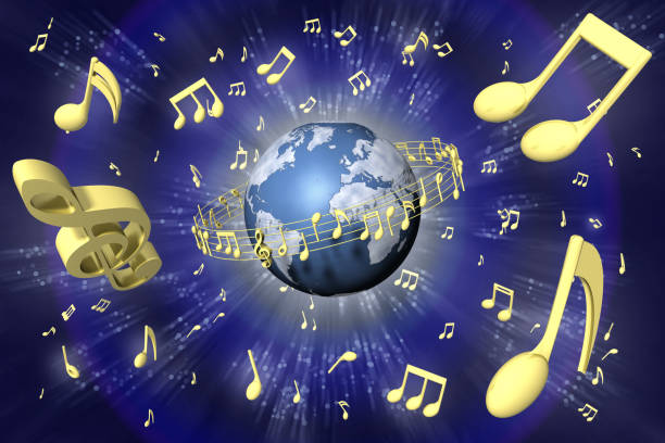 fondo del universo de la música del mundo- ilustración 3d - musical staff music piano blue fotografías e imágenes de stock