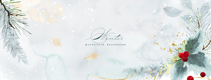 Christmas watercolor natural art background and golden splash