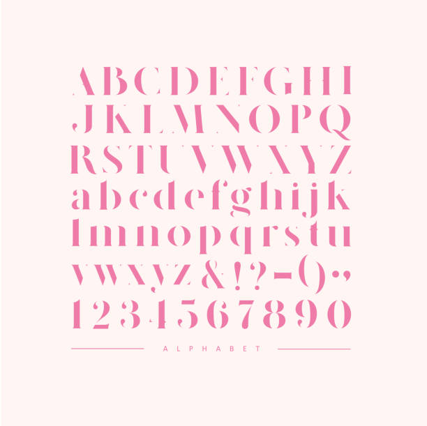 Stylish elegant font pink Stylish elegant font, english alphabet. uppercase, lowercase letters and numbers pink typographies stock illustrations