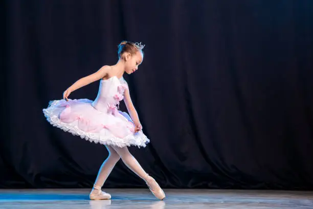 Photo of A little girl ballerina is dancing on stage in a white tutu on pointe shoes a classic variation.