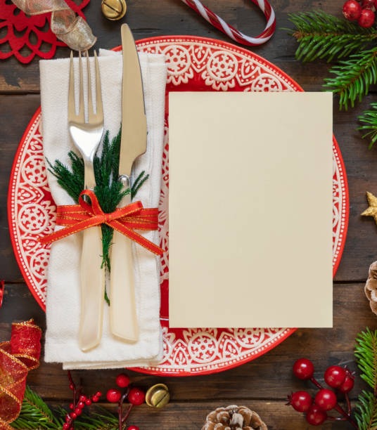 istock Festive table setting of with fir branches and Christmas decorations 1346178175